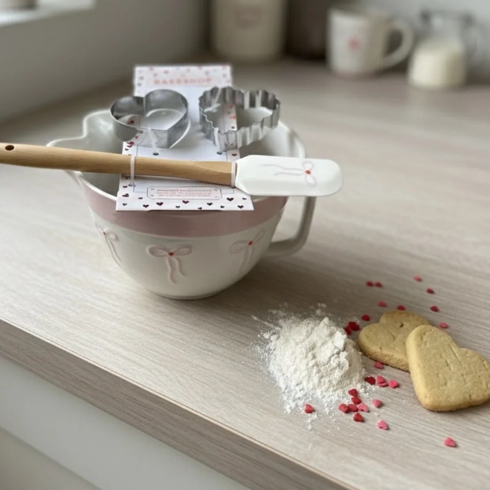 The Bakeshop Bow Ceramic Mixing Bowl Set with spatula, cookie cutters &‎ recipe.